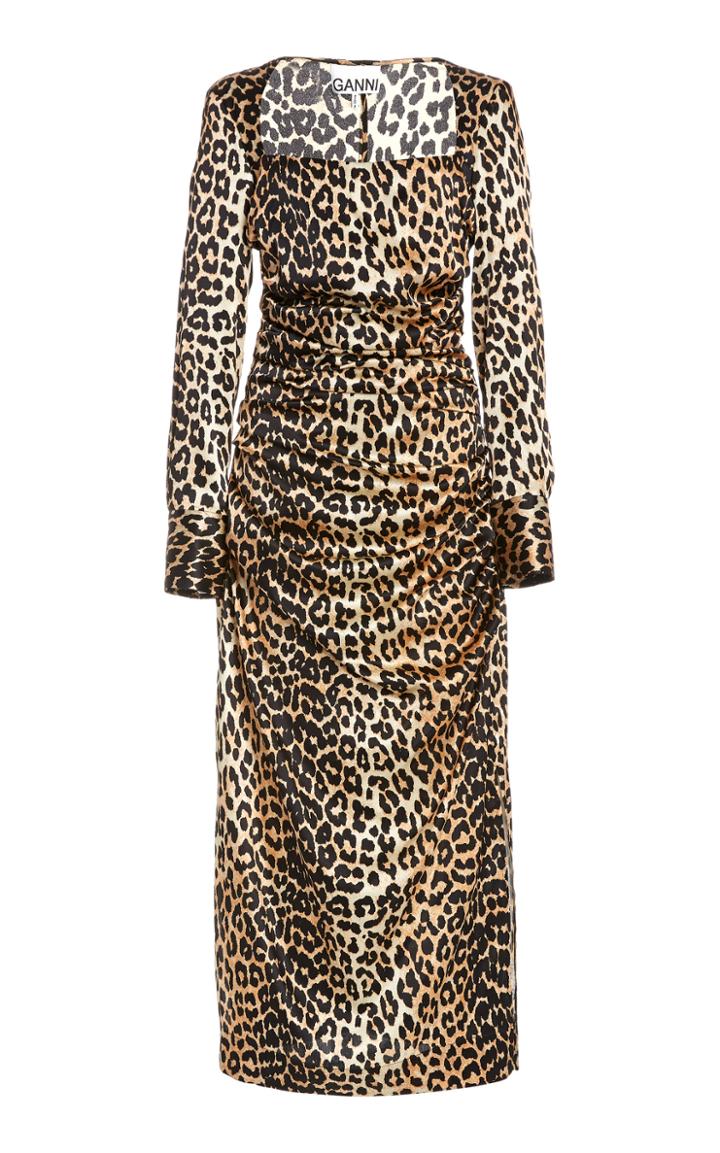 Ganni Leopard-print Silk Satin Midi Dress