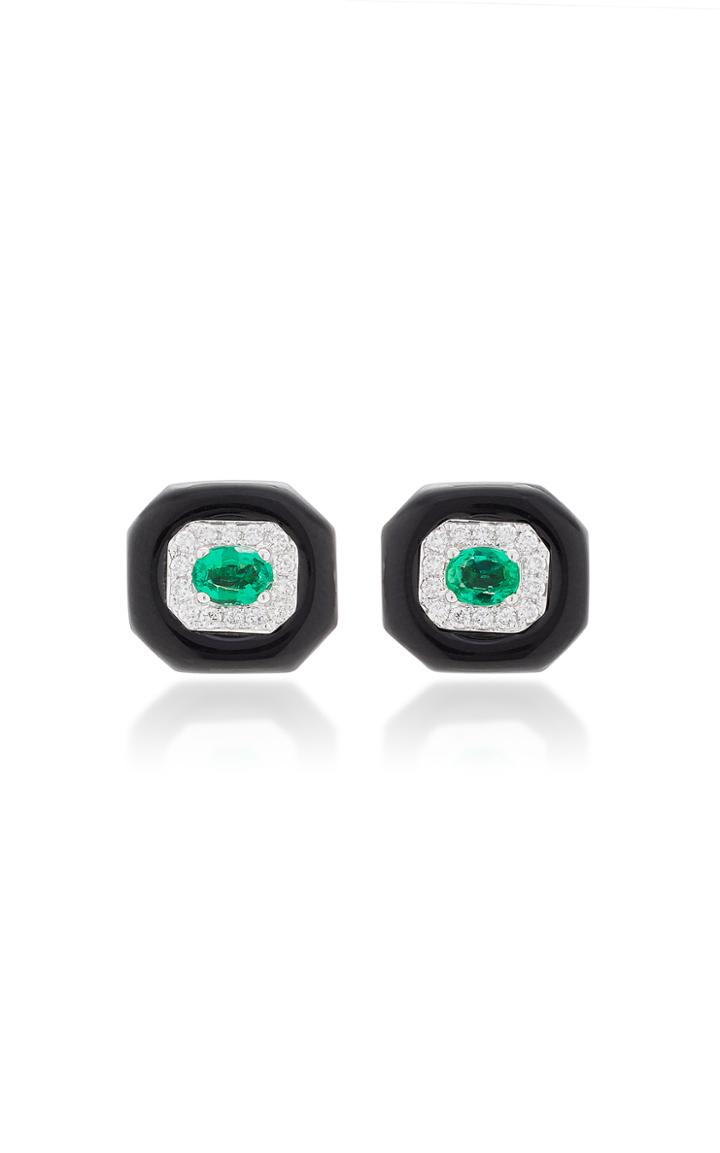 Nikos Koulis Oui Studs With Emerald Centers Pav White Diamonds And Black Enamel