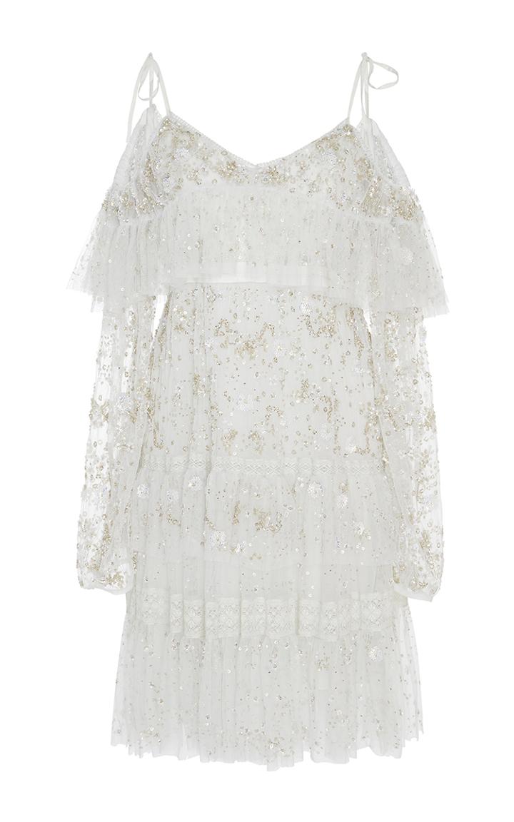 Needle & Thread White Supernova Ruffled Open Shoulder Dress