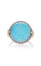 Noor Fares Sri Yantra Carved Rock Crystal Ring In Yellow Gold With Black Synthetic Opal Triangle Cut Sapphires & Diamonds