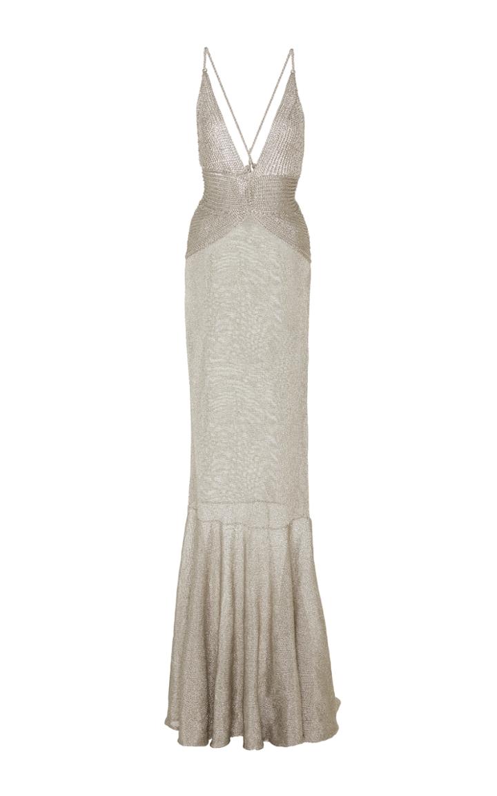 Oday Shakar Metallic Knit Evening Gown With Braided Back