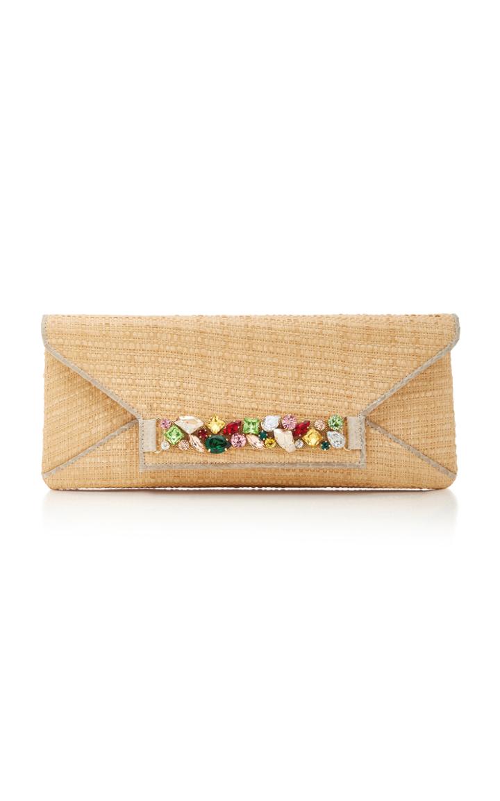 Oscar De La Renta Crystal-embellished Leather-trimmed Raffia Clutch