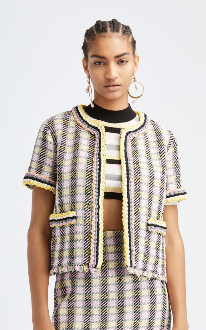 Moda Operandi Oscar De La Renta Short Sleeved Two Pocket Tweed Braided Trim Jacket