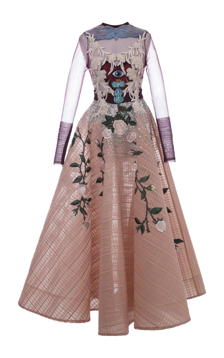 Hussein Bazaza Embroidered Silk Evening Dress