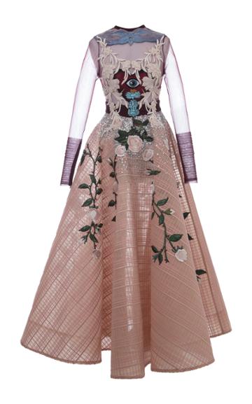 Hussein Bazaza Embroidered Silk Evening Dress