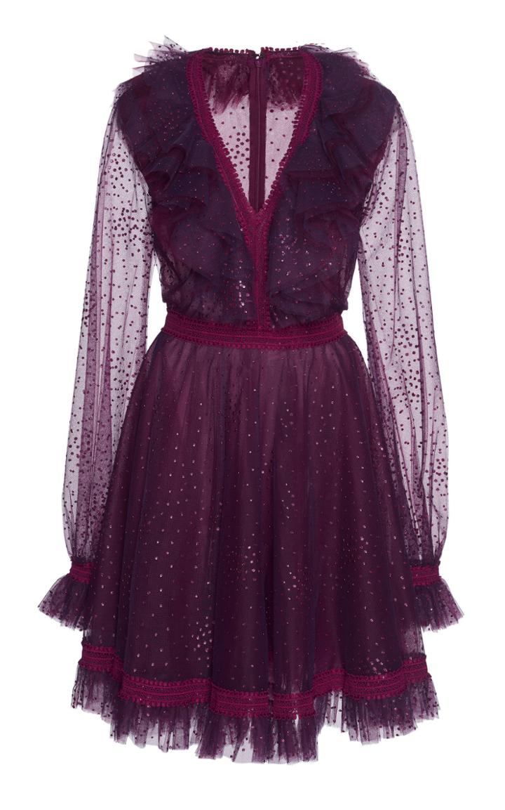 Costarellos Ruffled V-neck Dot Tulle Dress