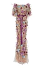 Marchesa Feather Embroidered Flutter Sleeve Dress