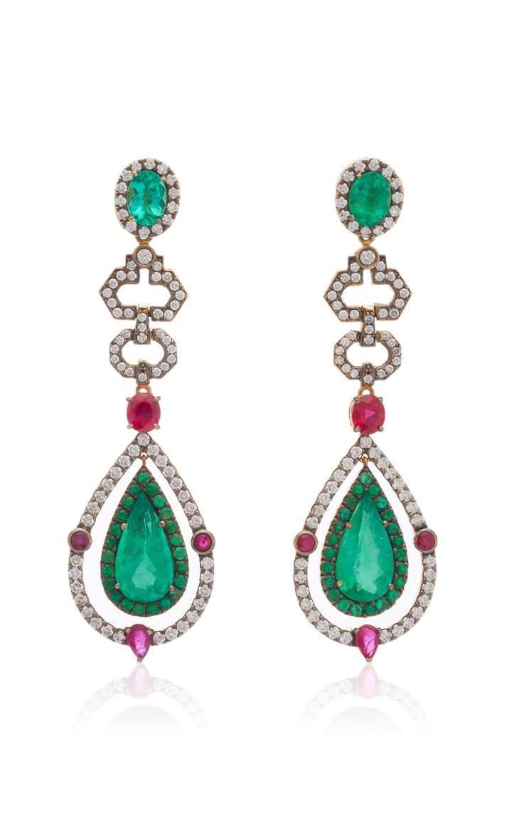 Dorion Soares 18k Gold Emerald Ruby And Diamond Drop Earrings