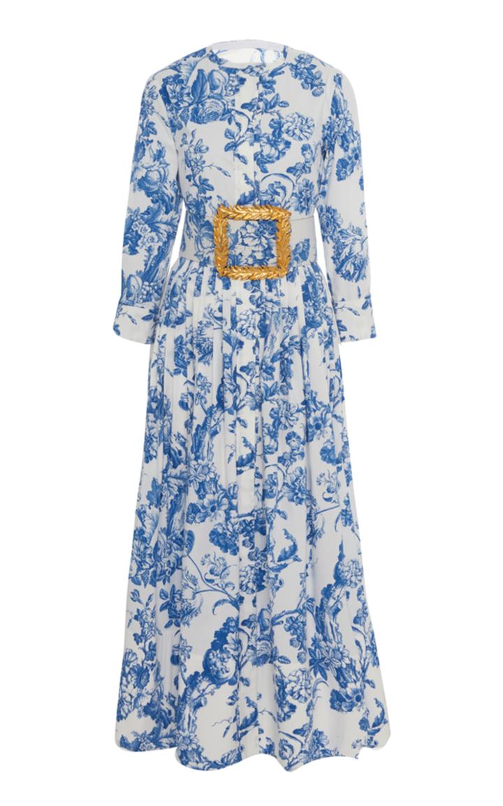Oscar De La Renta Belted Floral-print Stretch-cotton Dress
