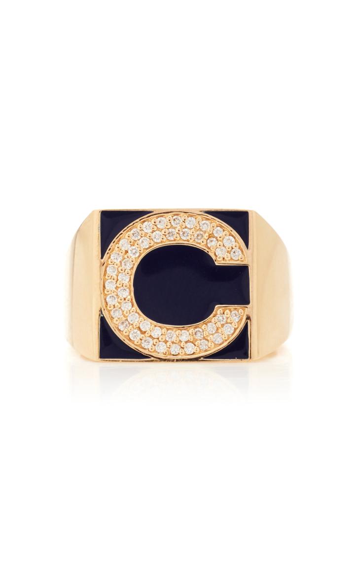 Moda Operandi Alison Lou Superlou Navy Enamel And Diamond Letter Ring Size: 4