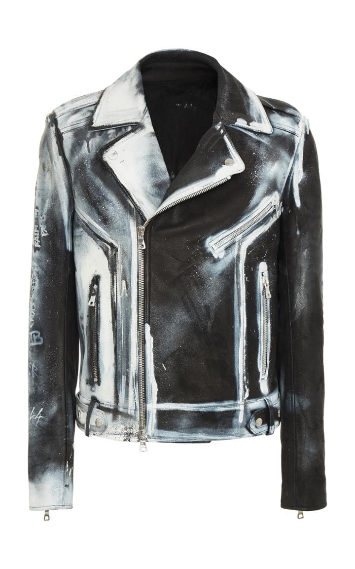 Balmain Spray Leather Perfecto And Studs Denim Jacket