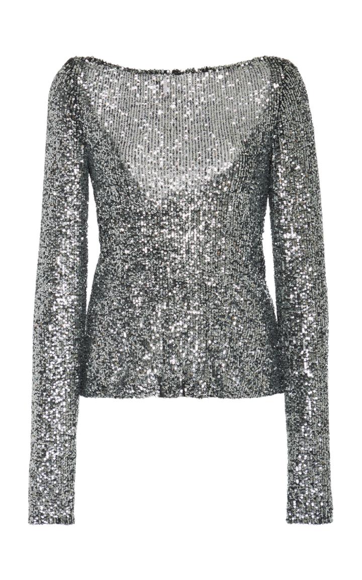 Naeem Khan Sequined Long Sleeve Open Back Top