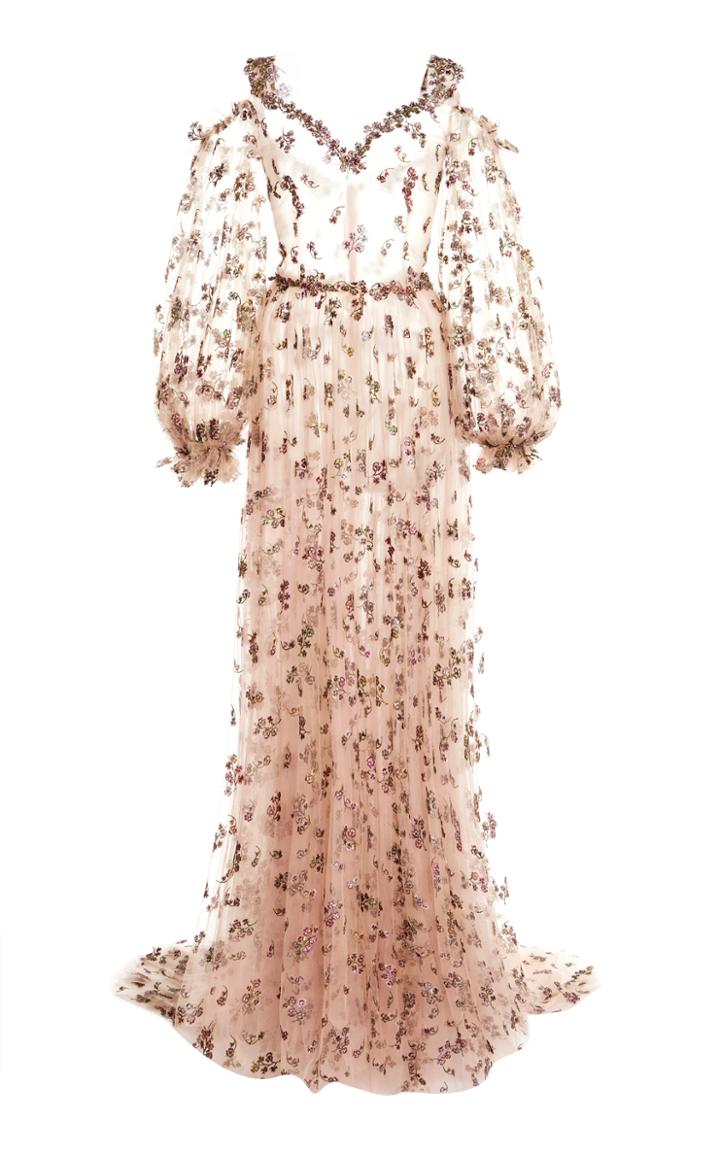 Moda Operandi Luisa Beccaria Floral-embroidered Tulle Cold-shoulder Gown