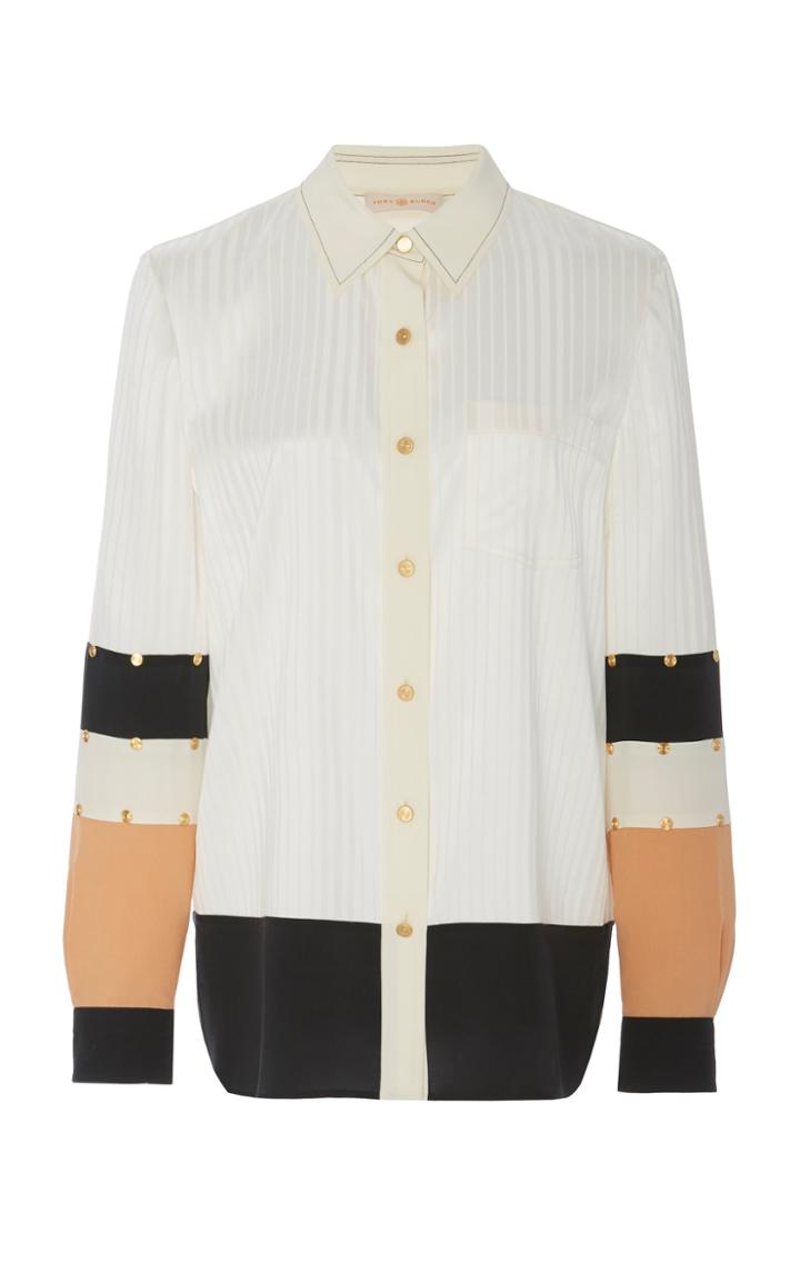 Tory Burch Color-blocked Studded Silk Shirt