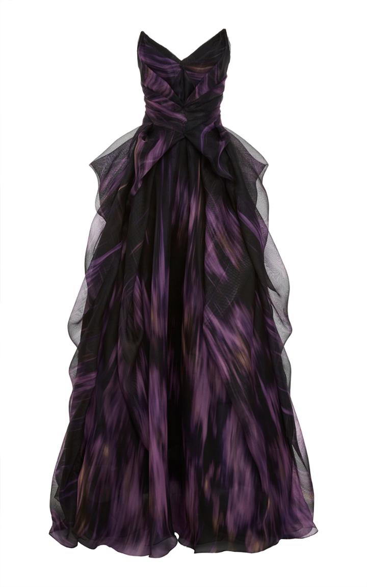 Pamella Roland Amethyst & Black Printed Mesh Organza Gown