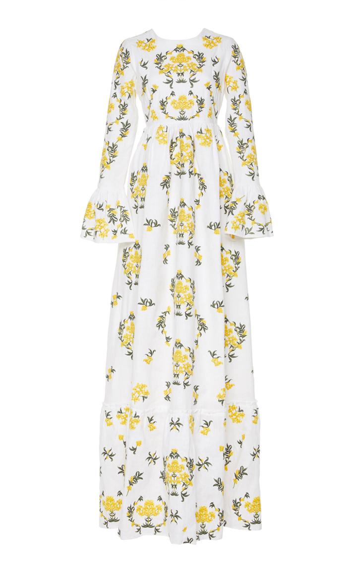 Agua By Agua Bendita Papaya Floral Embroidered Linen Maxi Dress