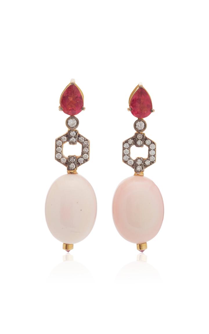 Dorion Soares 18k Gold Pink Tourmaline Diamond And Ruby Drop Earrings
