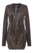 Roberto Cavalli Black And Gold Leather Fringe Knit Dress