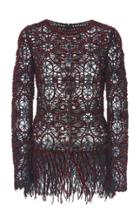 Oscar De La Renta Fringe-trimmed Embroidered Long Sleeve Top