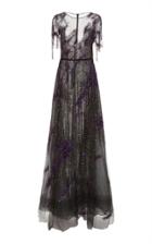 Pamella Roland Amethyst & Gunmetal Embroidered Fringe Gown