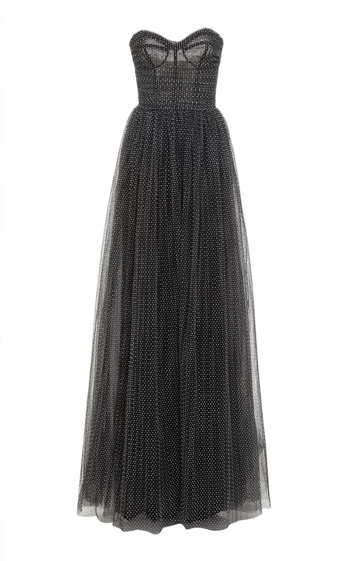Monique Lhuillier Flocked Tulle Strapless Ruched Gown