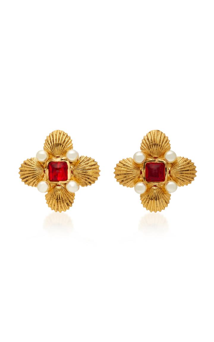 Gripoix Byzantine Shell 24k Gold-plated Brass Pearl And Poured Glass Clip Earrings