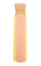 J. Mendel Strapless Hand Pleated Silk Gown With Floral Embroidery