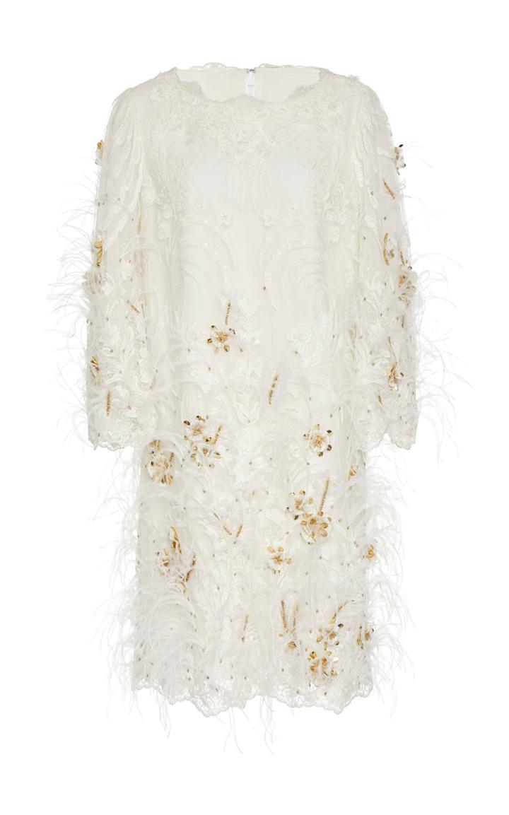 Marchesa Ostrich Feather-embellished Organza-lace Dress