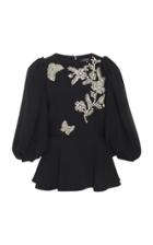 Andrew Gn Butterfly Beaded Cady Peplum Blouse