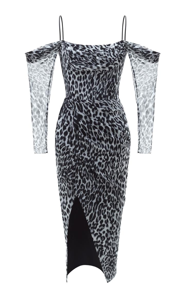Rasario Cold Shoulder Leopard Print Chiffon Corset Midi Dress
