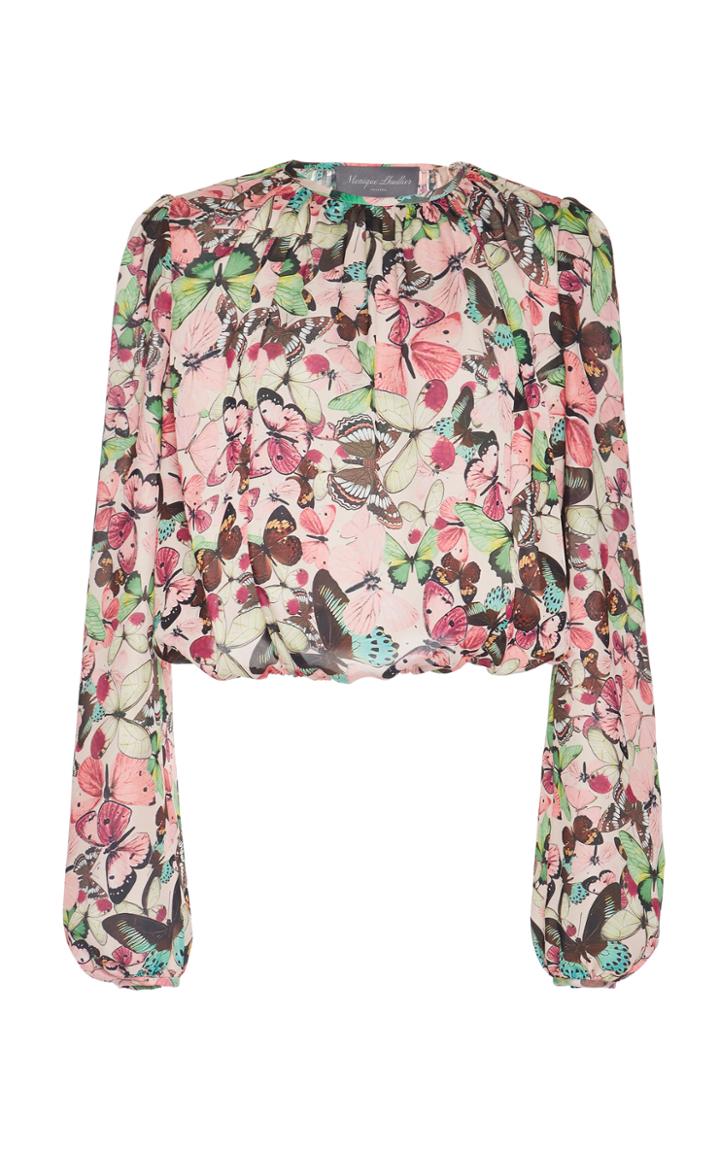 Monique Lhuillier Cropped Floral-print Chiffon Blouse