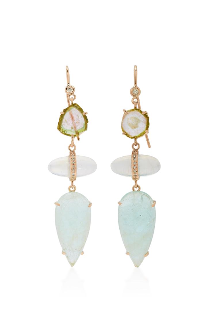 Jacquie Aiche One-of-a-kind Freeform Watermelon Tourmaline Slice And Pave Oval Moonstone And Teardrop Aquamarine Earrings