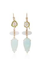 Jacquie Aiche One-of-a-kind Freeform Watermelon Tourmaline Slice And Pave Oval Moonstone And Teardrop Aquamarine Earrings