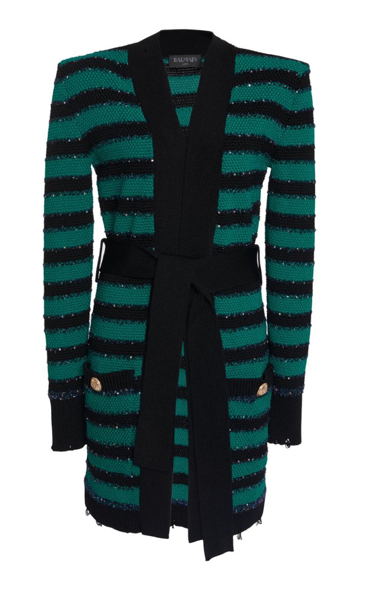 Balmain Belted Striped Crochet-knit Cardigan
