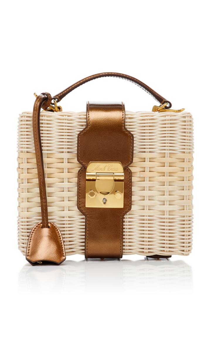 Mark Cross Harley Metallic Leather-trimmed Rattan Bag