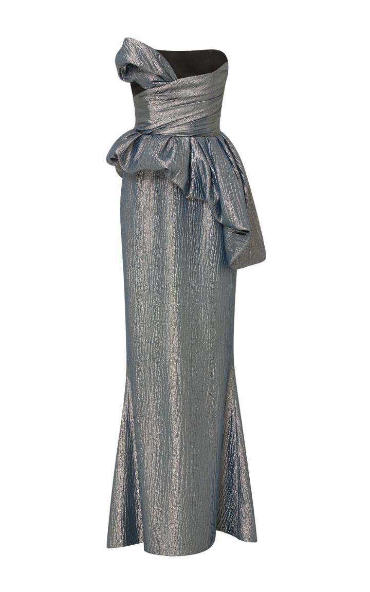 Elizabeth Kennedy Strapless Gown With Asymmetrical Draped Bodice And Bubble Peplum