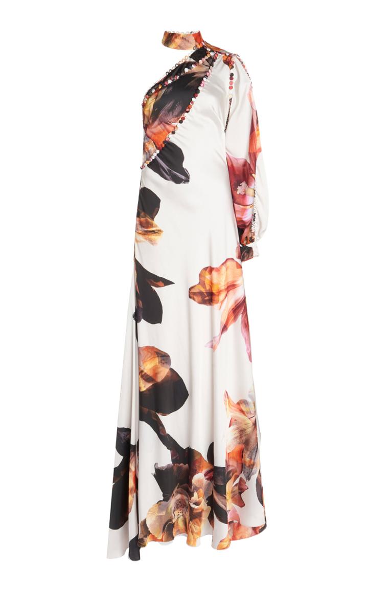 Moda Operandi Costarellos Sophrona Floral Satin One-shoulder Gown
