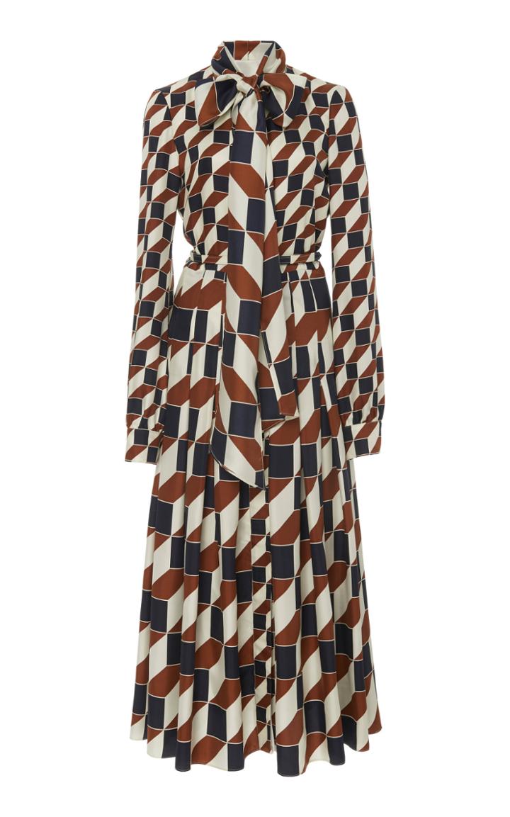 Oscar De La Renta Silk Crepe Geometric Print Midi Dress