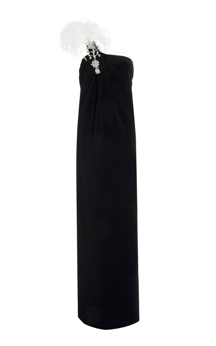 Oscar De La Renta One Shoulder Gown With Feather Shoulder Embellishment