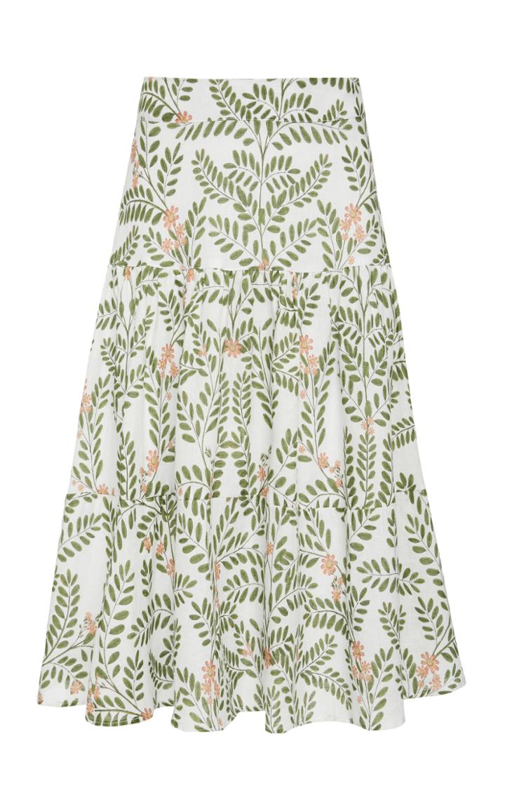 Moda Operandi Agua By Agua Bendita Bolivar Herbal Tiered Linen Midi Skirt