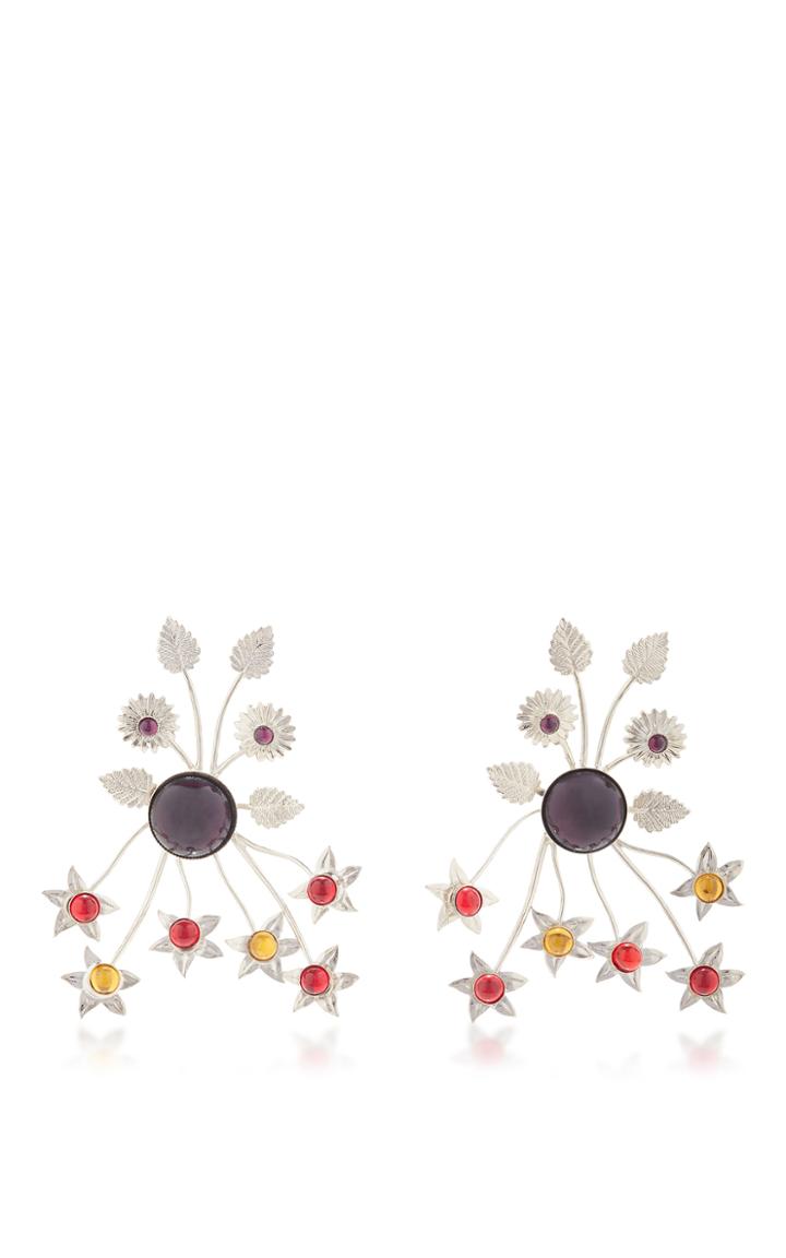 Rodarte Nickel Floral Burst Earrings With Ruby Glass Cabochons