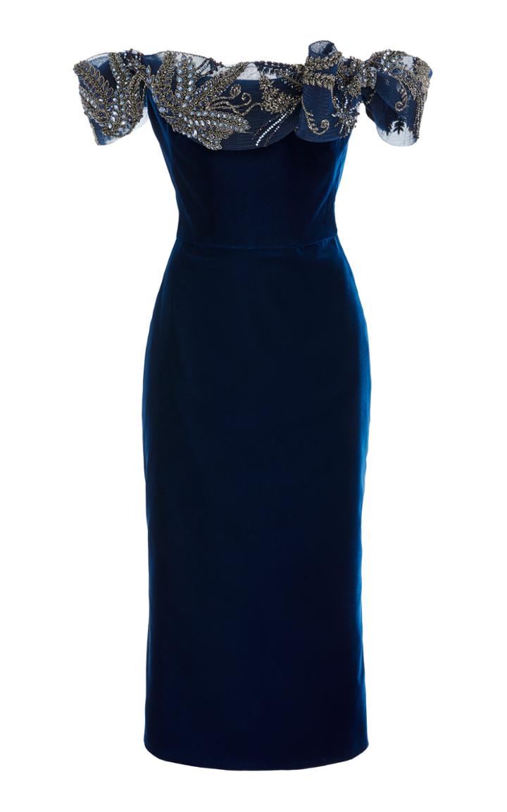 Marchesa Bow-accented Velvet Off-the-shoulder Dress