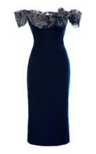 Marchesa Bow-accented Velvet Off-the-shoulder Dress