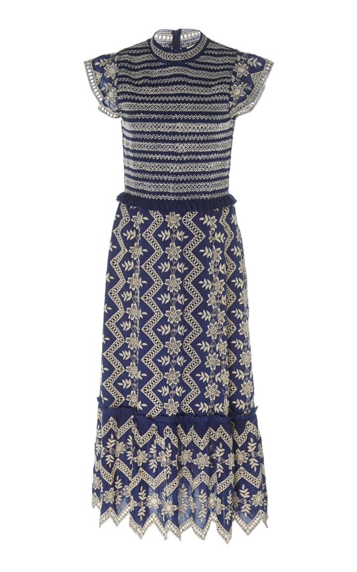 Sea Smocked Eyelet Lace Midi Dress