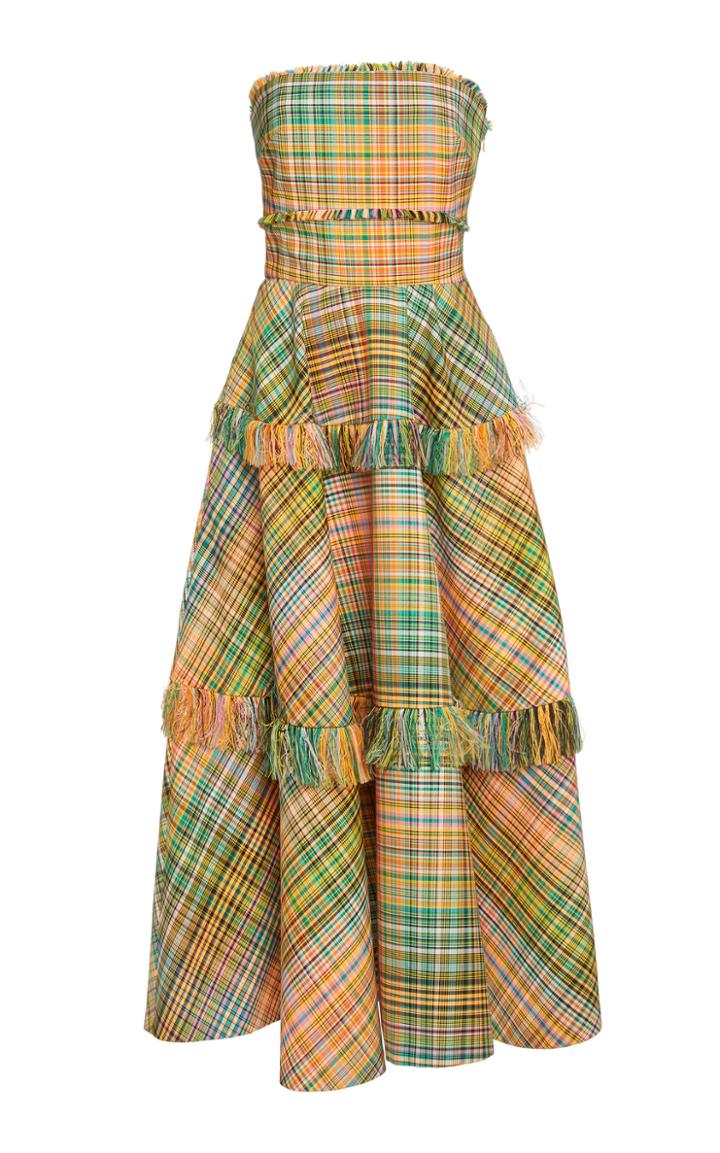 Lela Rose Fringed Plaid Cotton-blend Strapless Midi Dress