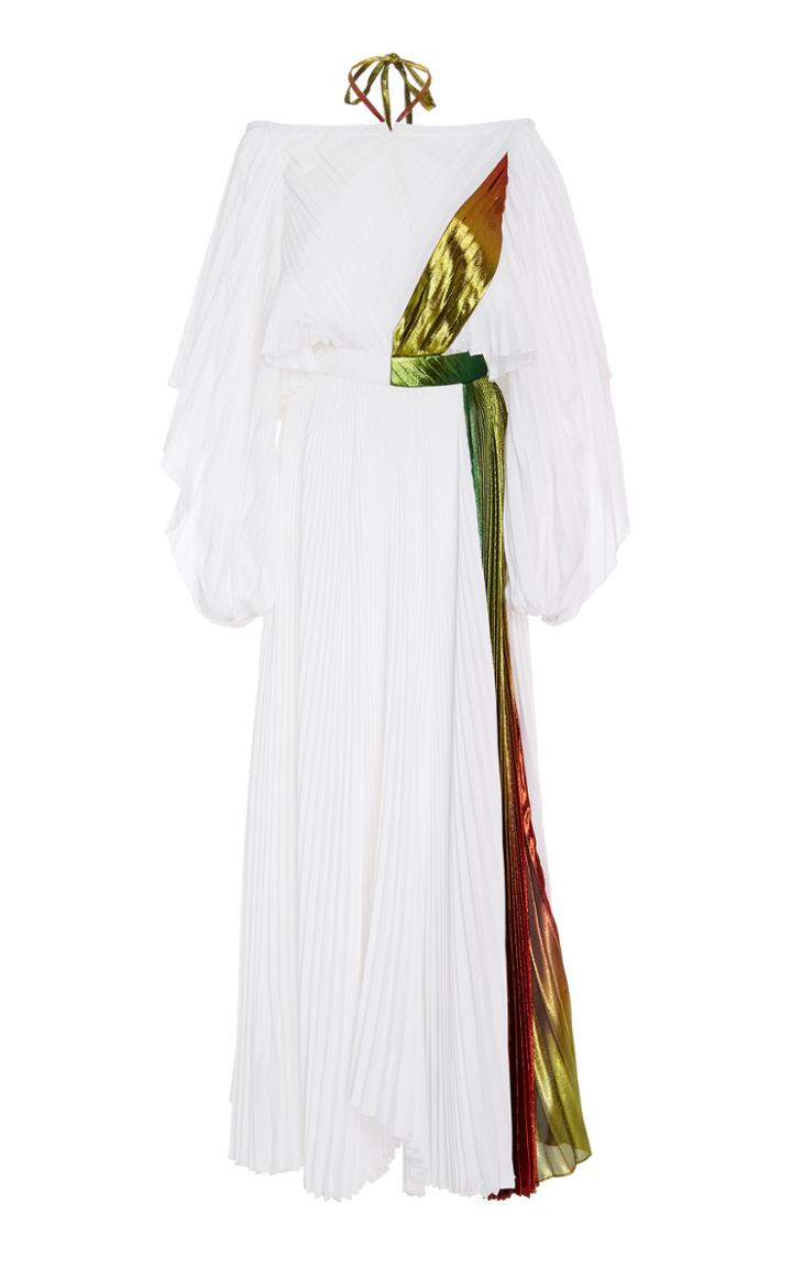 Rosie Assoulin Rainbow Lame Pleated Tie Neck Dress