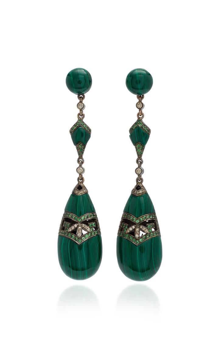 Wendy Yue 18k White Gold Malachite Diamond And Tsavorite Earrings