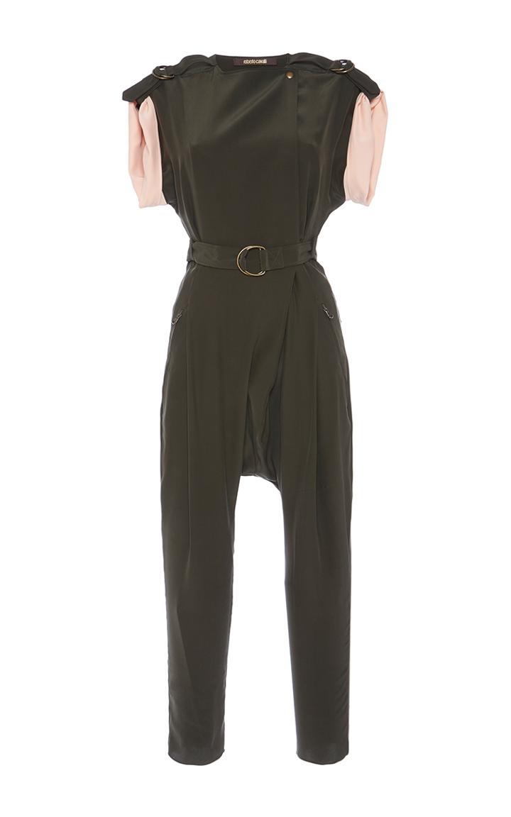 Roberto Cavalli Military Green Enverse Satin Jumpsuit