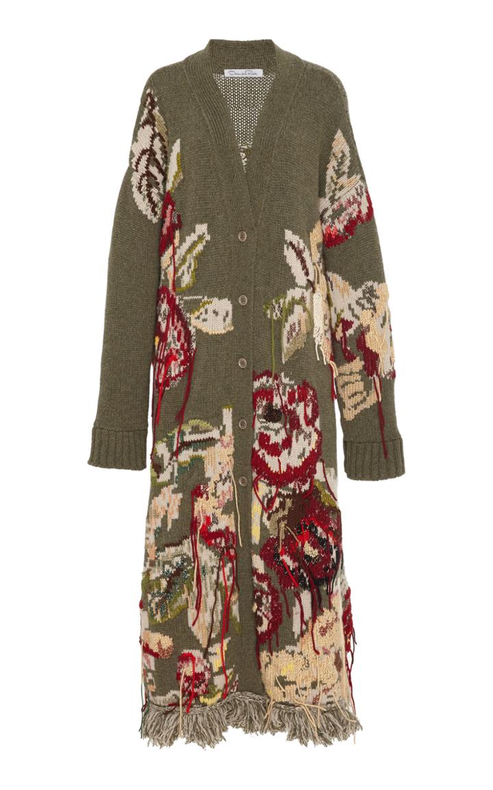Oscar De La Renta Fringe-trimmed Wool-cashemere Intarsia Cardigan