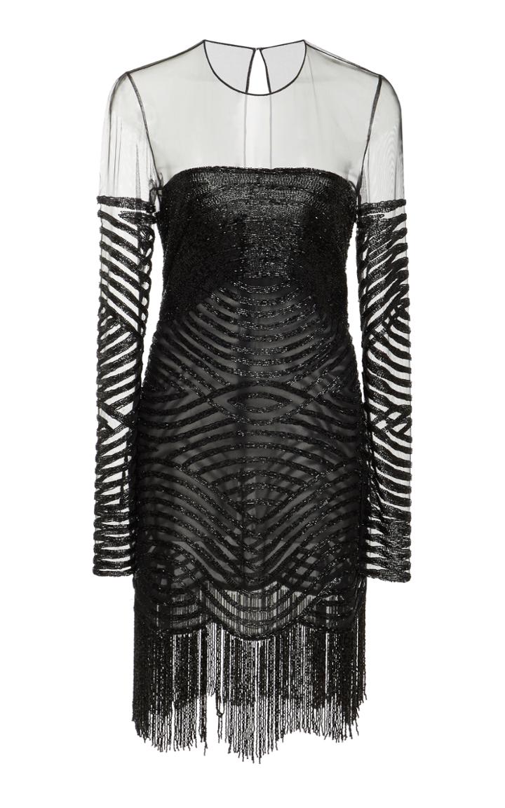 Naeem Khan Illusion Neckline Beaded Tulle Cocktail Dress